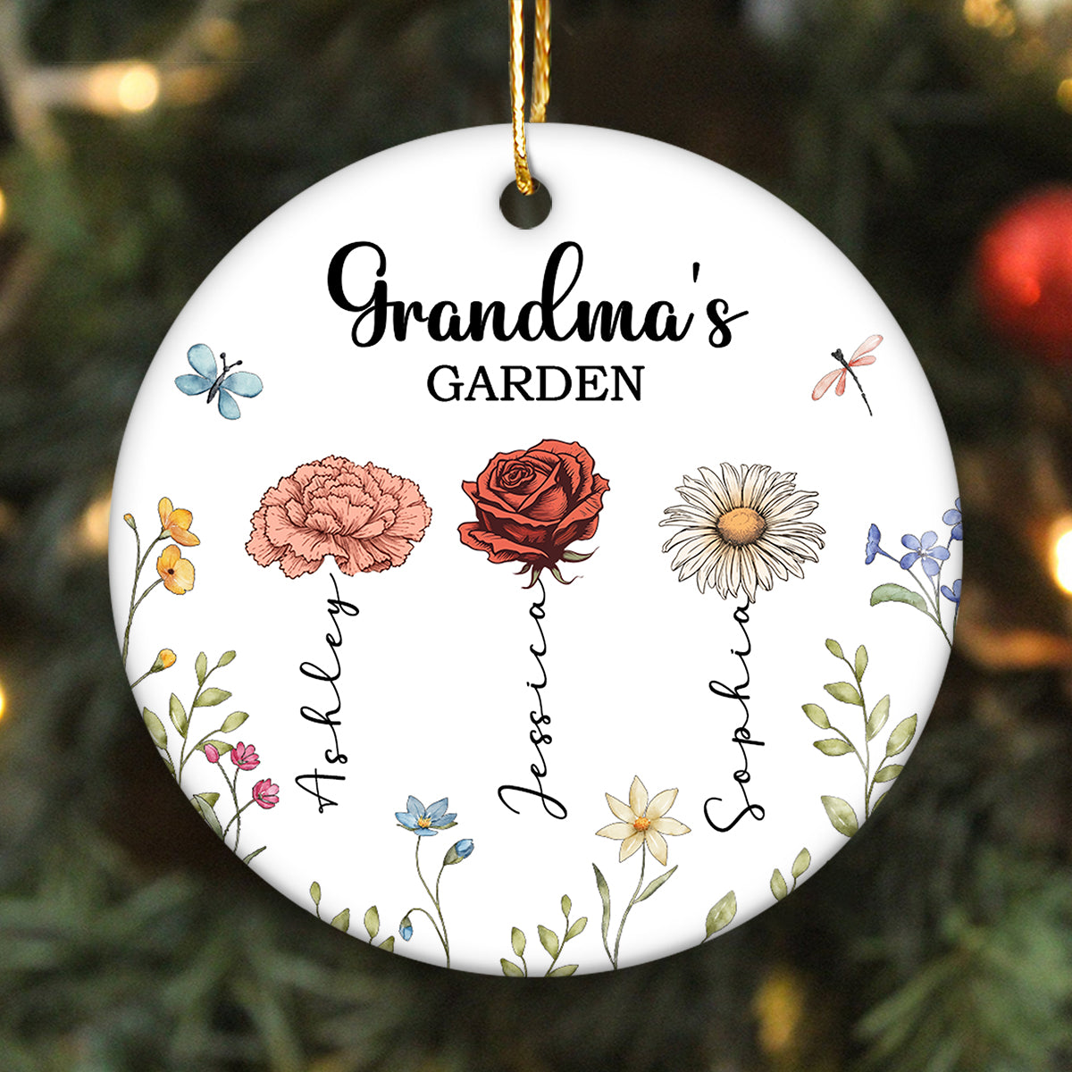 Grandma's Garden Personalized Ceramic Ornament, Christmas Gift For Grandma, Grandkids, Granddaughter, Grandson