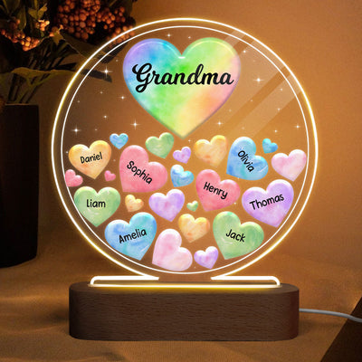 Grandma Mom Hearts Colorful Watercolor Personalized Circle Acrylic LED Night Light