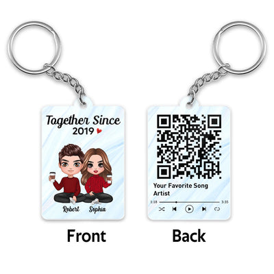 Doll Couple Sitting Together Favorite Song Scannable QR Code Marble Effect Personalized Acrylic Keychain