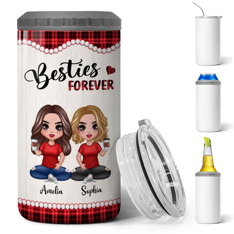 Checkered Pattern Doll Besties Sisters Sitting Personalized 4 In 1 Can Cooler
