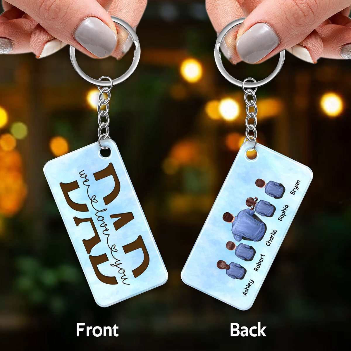 Best Dad Ever Denim Jacket Sitting Back View Personalized Acrylic Keychain