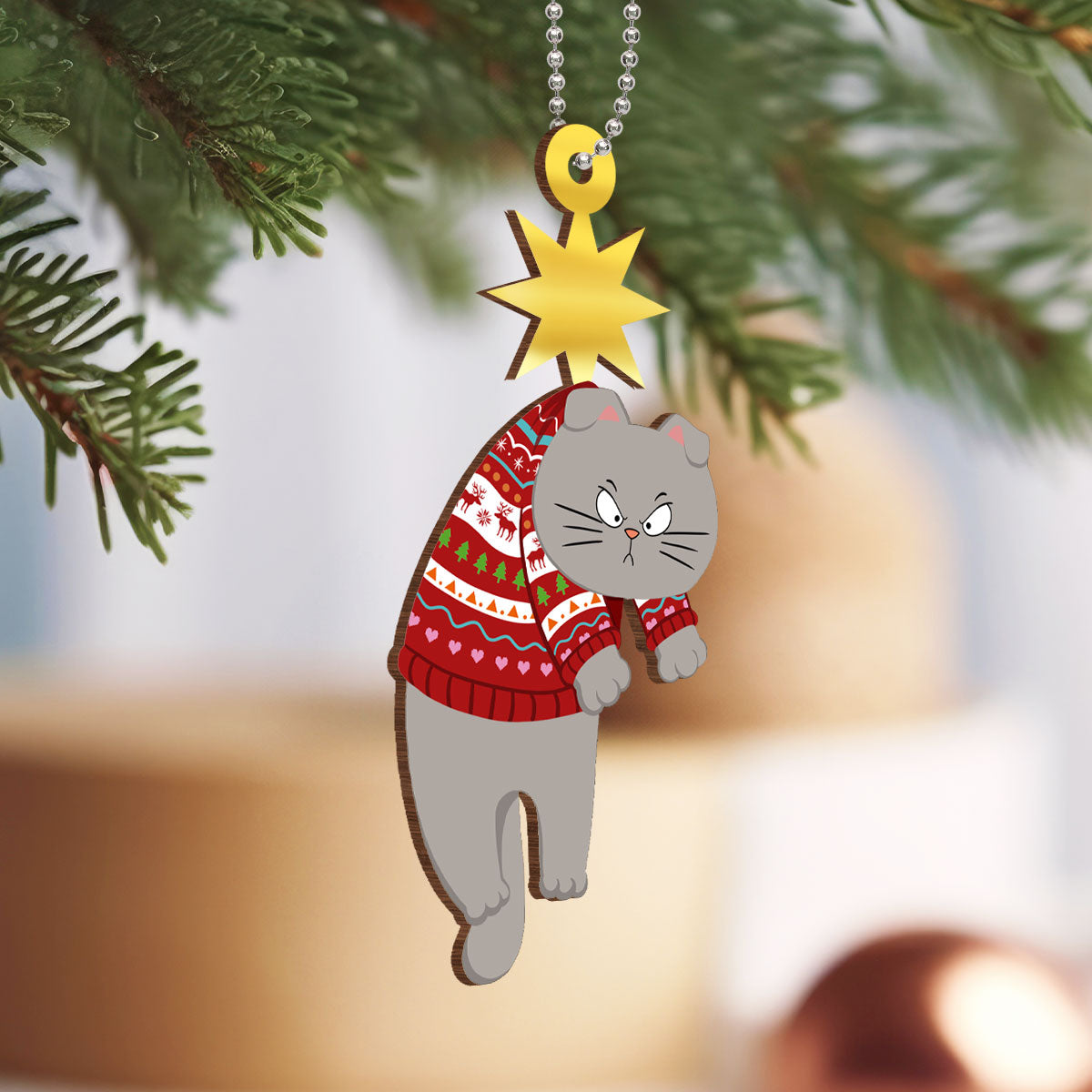 Christmas Cats & Star Personalized Wooden Ornament