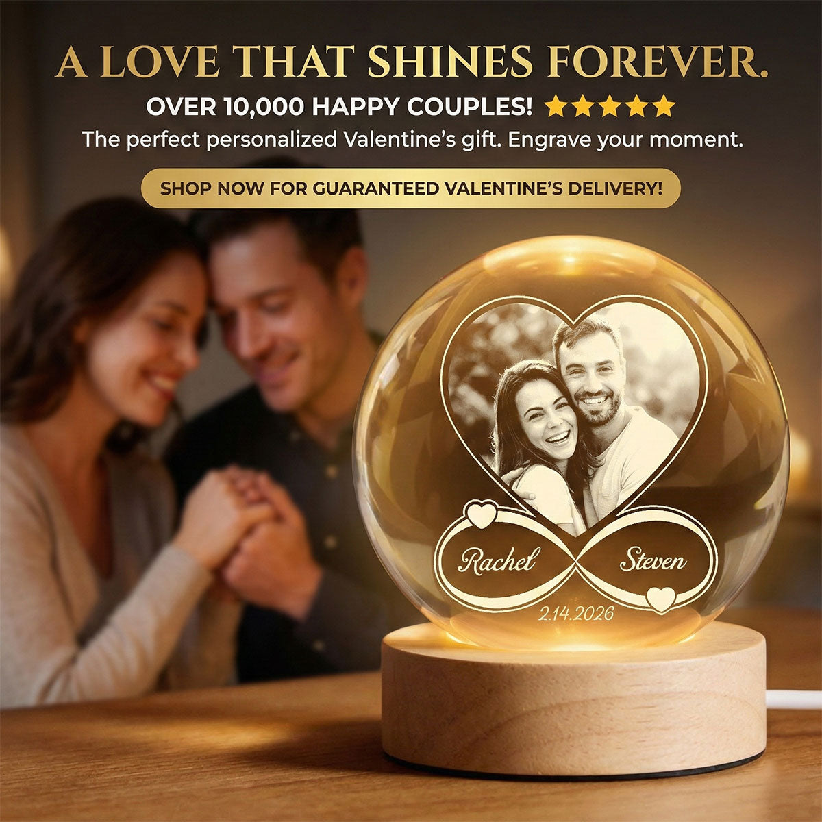 Eternal Love Custom Couple Photo Inside Infinity Heart - Personalized Crystal Ball LED Night Light - Valentine's Day Gift For Couple, For Her, For Him