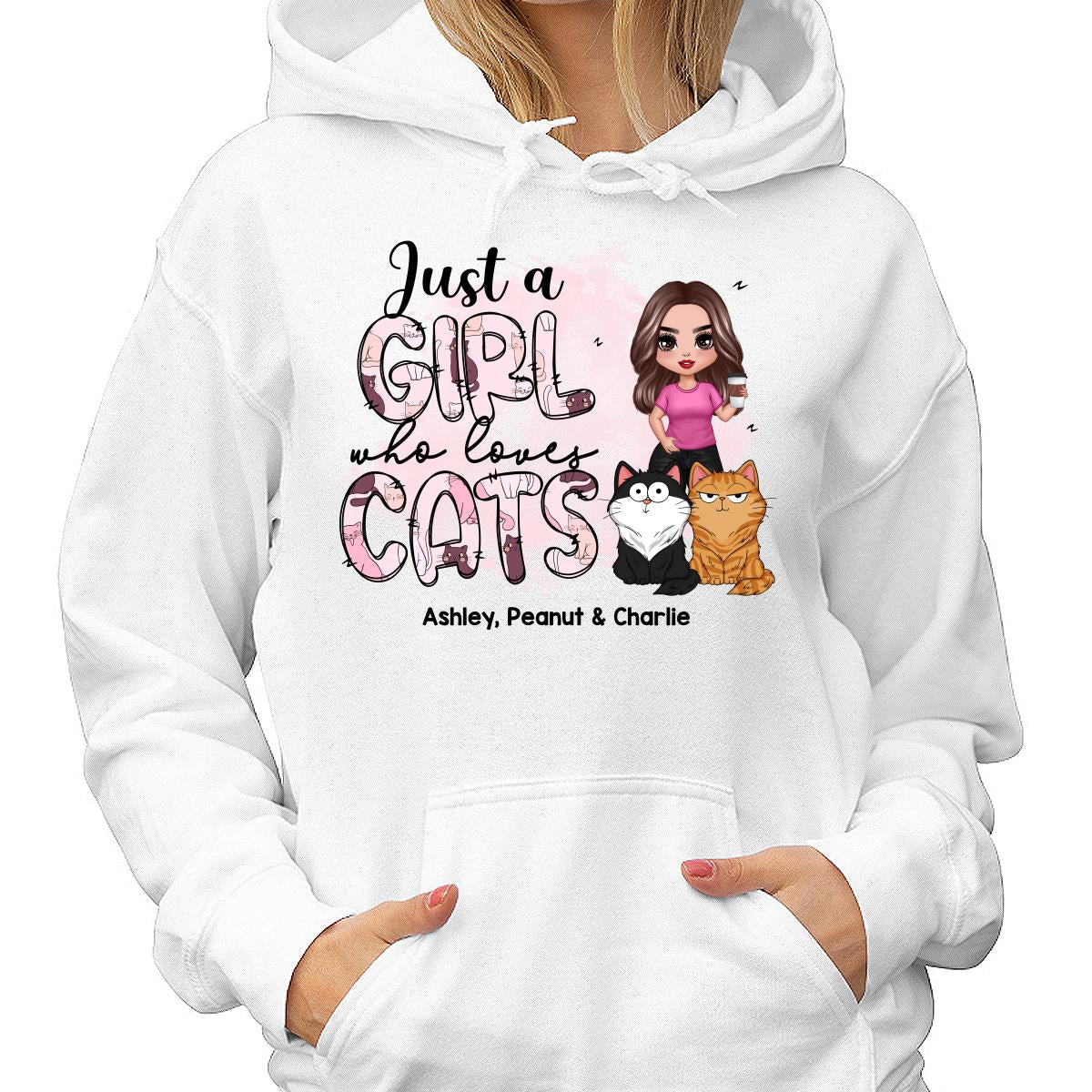 Just A Girl Who Loves Cats Doodle Pattern Funny Cats Expressions Personalized Shirt