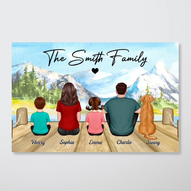 Family Name Couple Kid Dog Cat Back View Simple Personalized Horizontal Poster