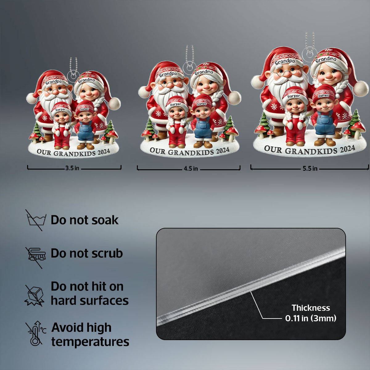 3D Effect Gnome Grandma Grandpa And Grandkids Christmas Personalized Acrylic Car Hanger Ornament