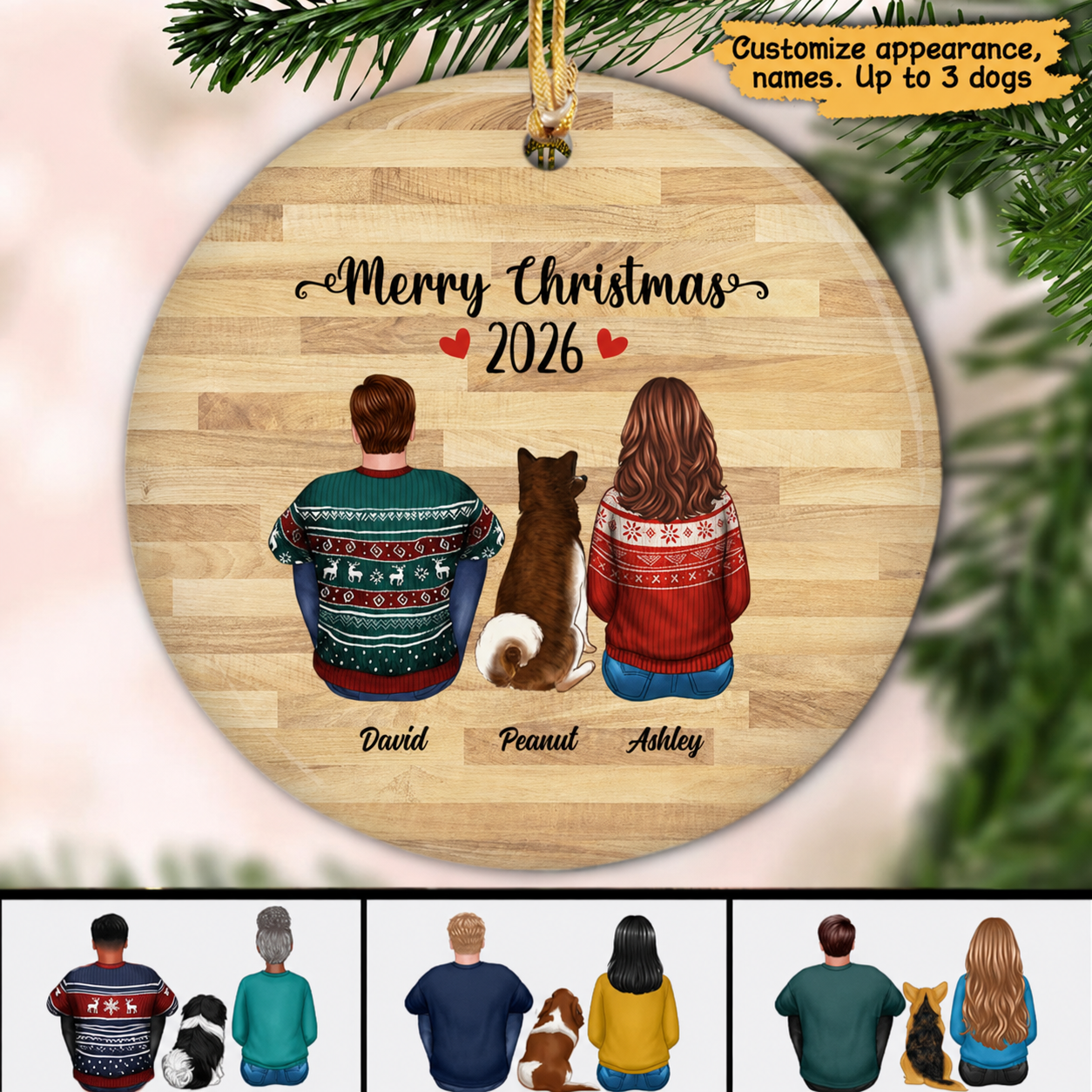 Couple & Dog Back View Memorial Wood Effect Personalized Circle Ornament