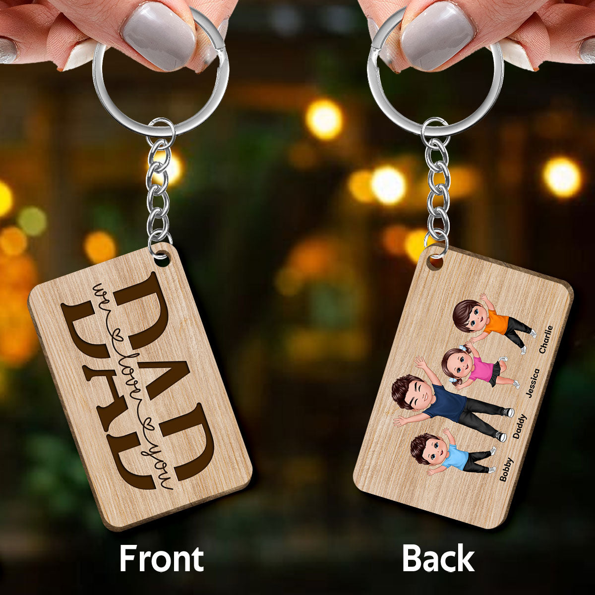 Best Dad Ever Happy Man Kids Dog Cat Personalized Wooden Keychain