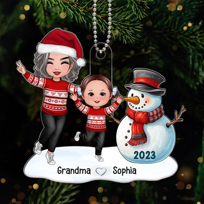 Happy Grandma Grandkid Building Snowman Gift For Grandson Granddaughter Personalized Acrylic Ornament