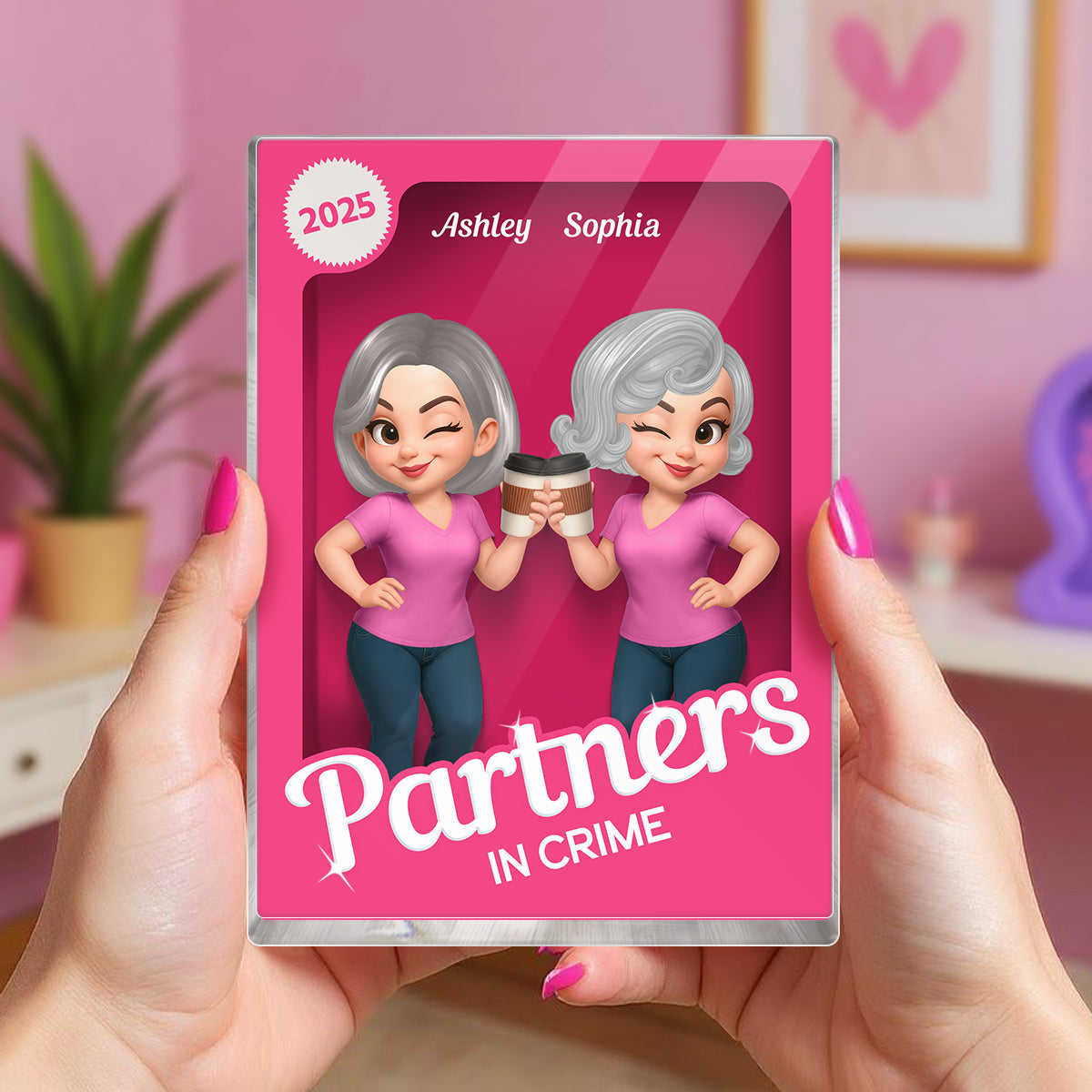 Besties Forever Pink Action Figure 3D Effect Personalized Acrylic Block, Meaningful Gift For Best Friend