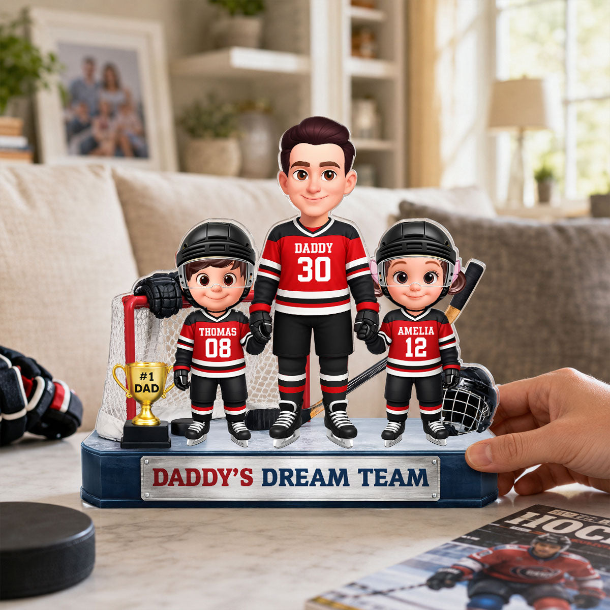 Daddy's Dream Team Hockey Dad & Kids - Personalized Acrylic Block Plaque - Father's Day Gift For Dad, Husband