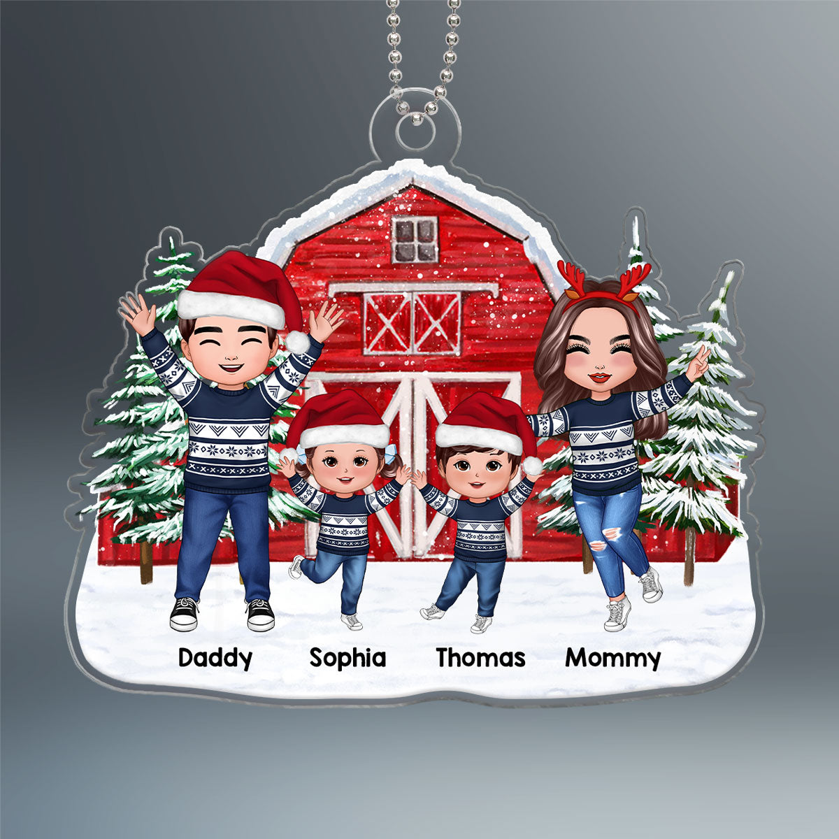 Happy Doll Family Dad Mom Kids Dogs Cats At Christmas Tree Farm Red Barn Personalized Acrylic Ornament