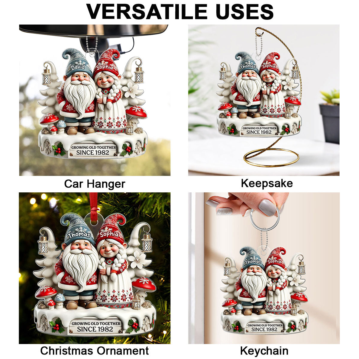 3D Effect Gnome Couple Together Personalized Acrylic Car Hanger Ornament, Valentine's Gift For Couple, For Him, For Her, Husband, Wife
