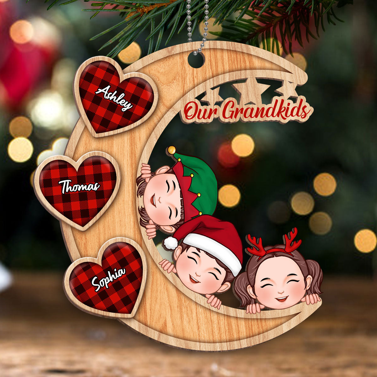 Our Grandkids Peeking On Moon Personalized Wooden Ornament