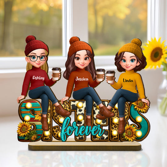 Western Fall Vibe Besties Sitting Personalized Standing Wooden Plaque, Fall Gift for Best Friends