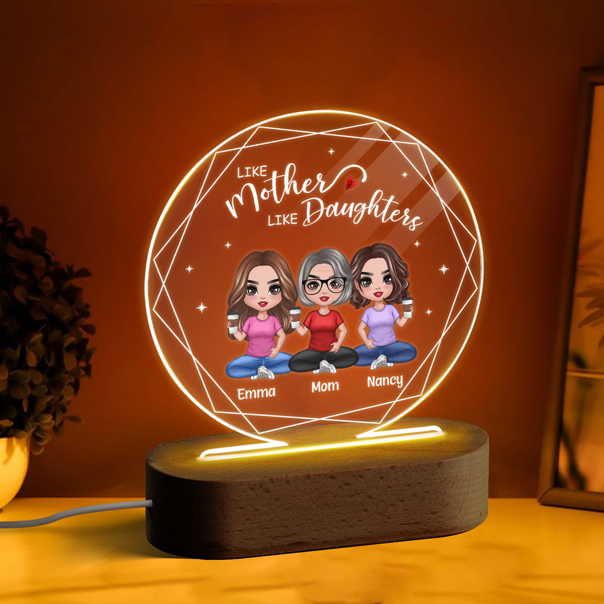 Hexagon Frame Like Mother Like Daughter Doll Mom Daughters Sitting Personalized Circle Acrylic Plaque With LED Night Light