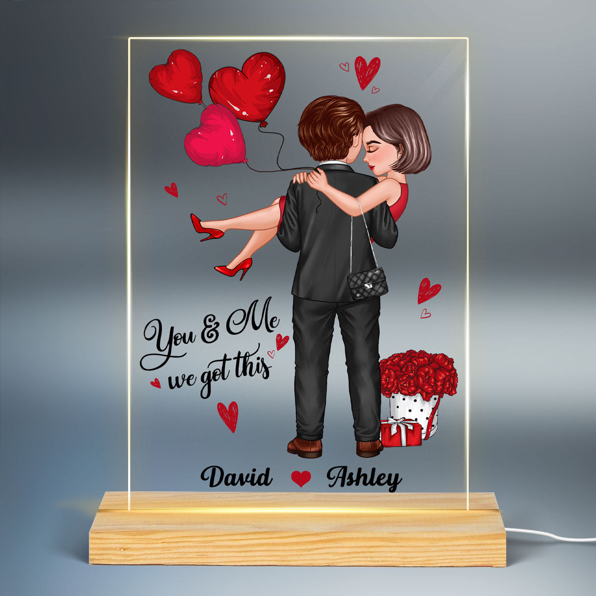Embracing Hugging Doll Couple Personalized Plaque LED Night Light - Gift For Him Gift For Her