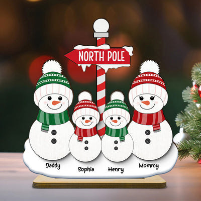 North Pole Snowman Family Christmas Personalized 2-Layer Standing Wooden Plaque