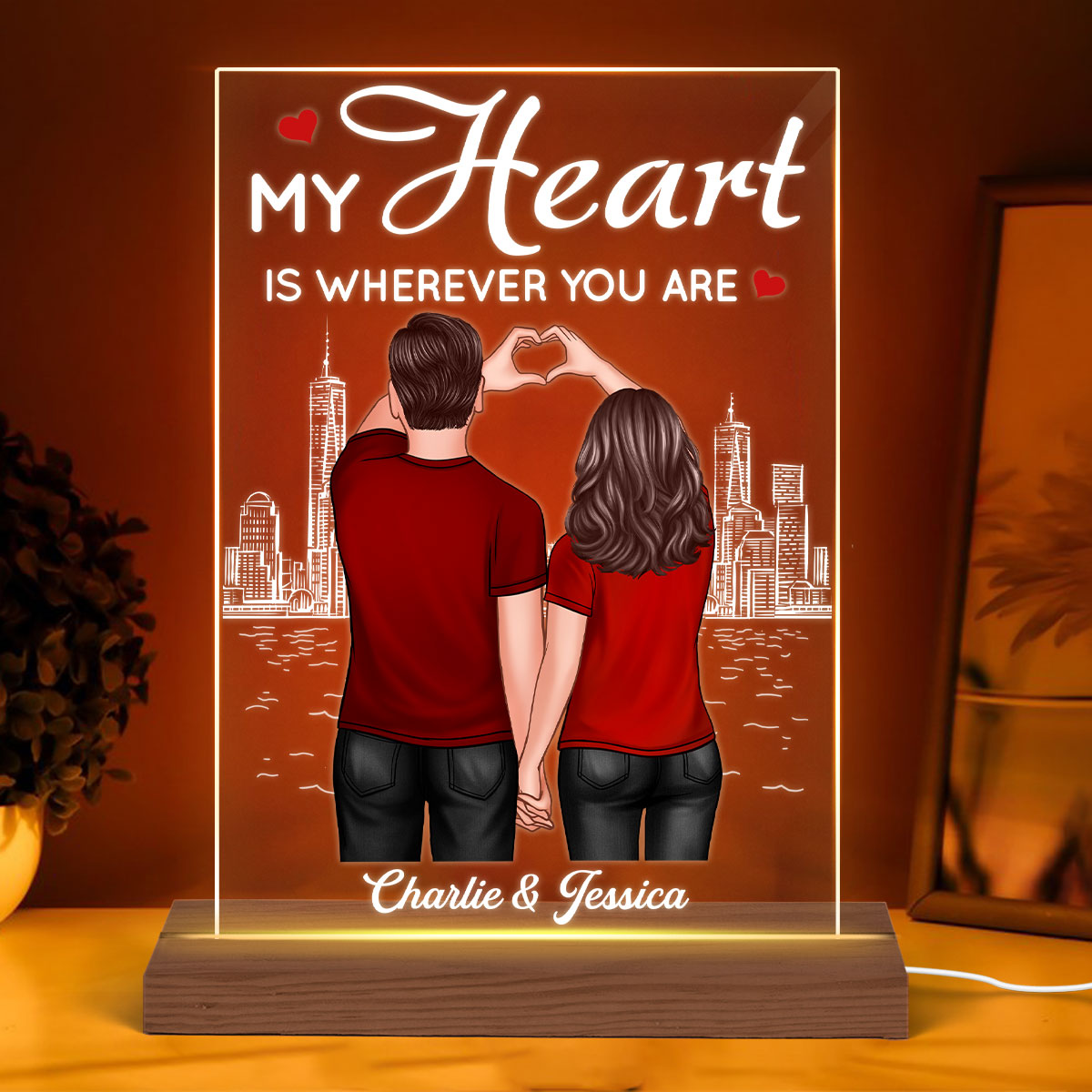 Couple Back View Heart Hands Outline Background Personalized Plaque LED Night Light