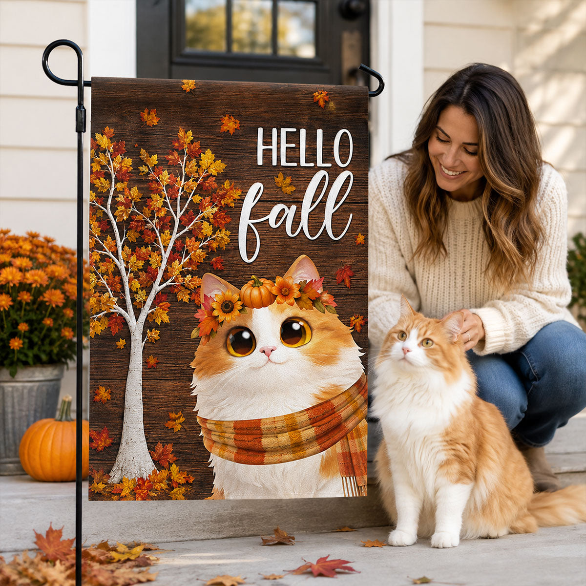 Hello Fall 'Tis the Season Cute Cats - Personalized Garden Flag - Fall Decor for Cat Lovers