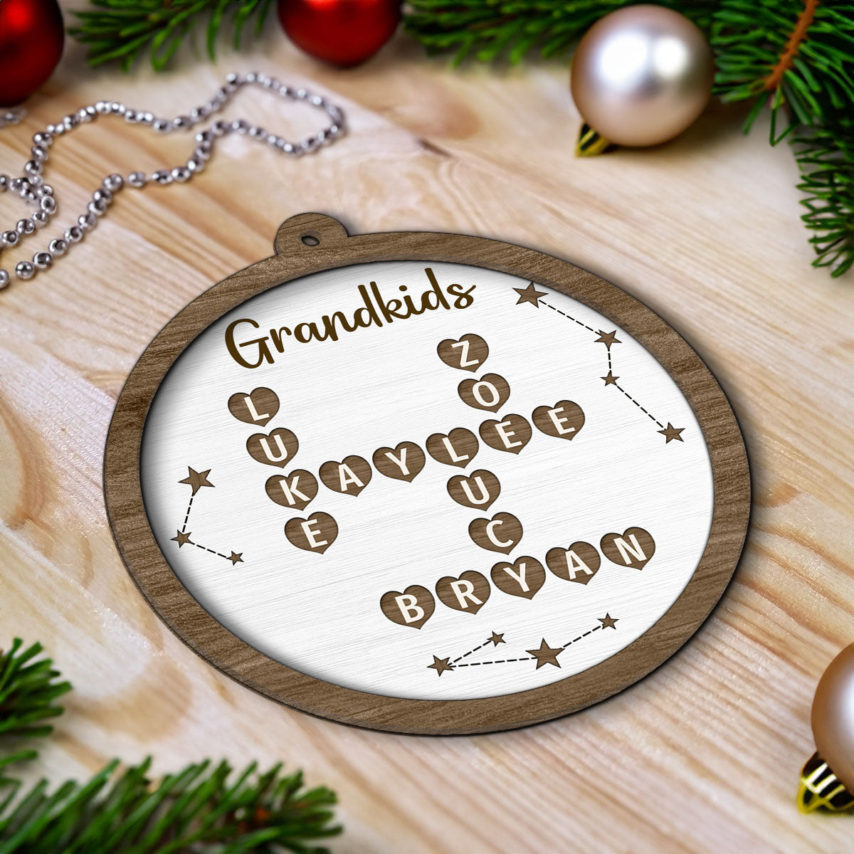 Grandkids Family Heart Crossword Art Puzzle Personalized 2-Layer Wooden Ornament