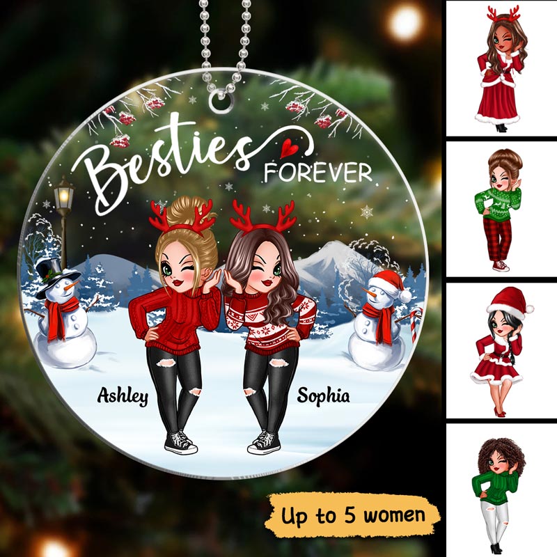 Doll Besties Sisters Standing In Snow Personalized Acrylic Ornament