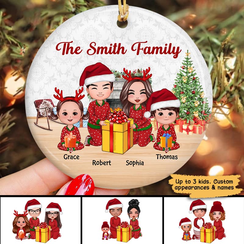 Doll Family Opening Christmas Gifts Personalized Circle Ornament