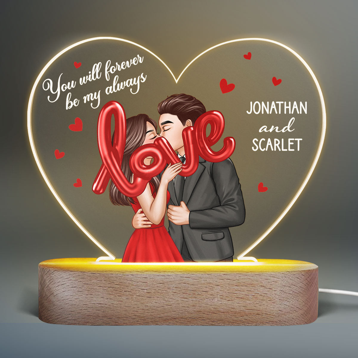Elegant Couple Holding LOVE Balloon Personalized Heart LED Night Light