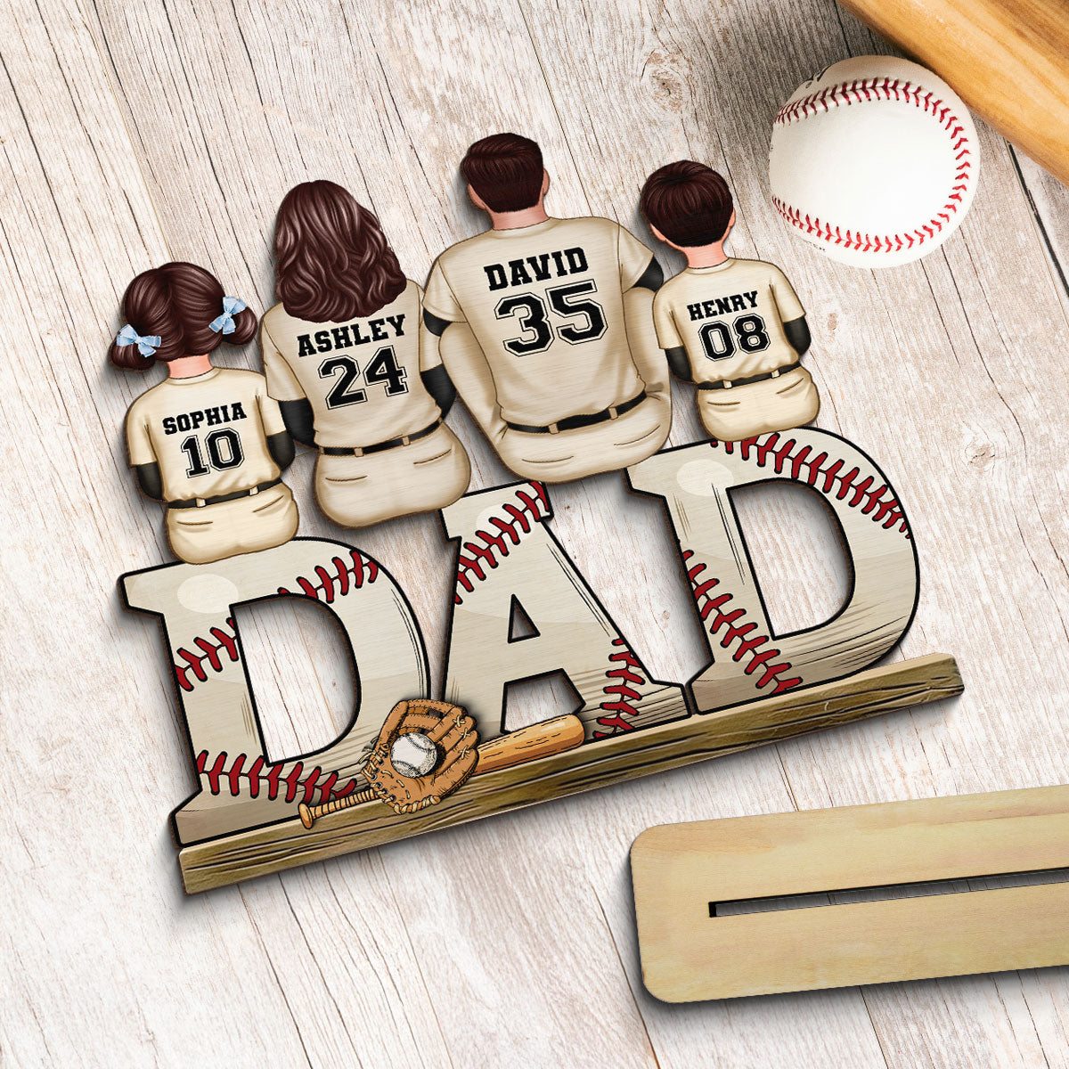 Baseball Dad Family Sitting Back View Personalized Standing Wooden Plaque, Father's Day Gift for Dad, for Grandpa, for Husband