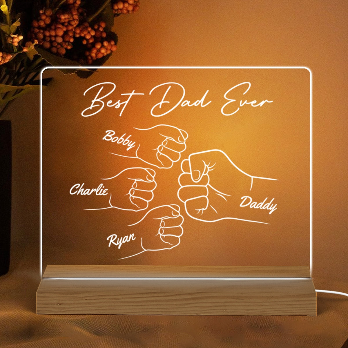 Best Dad Ever Fist Bump Hands Outline Personalized Custom Shape Acrylic Plaque LED Night Light