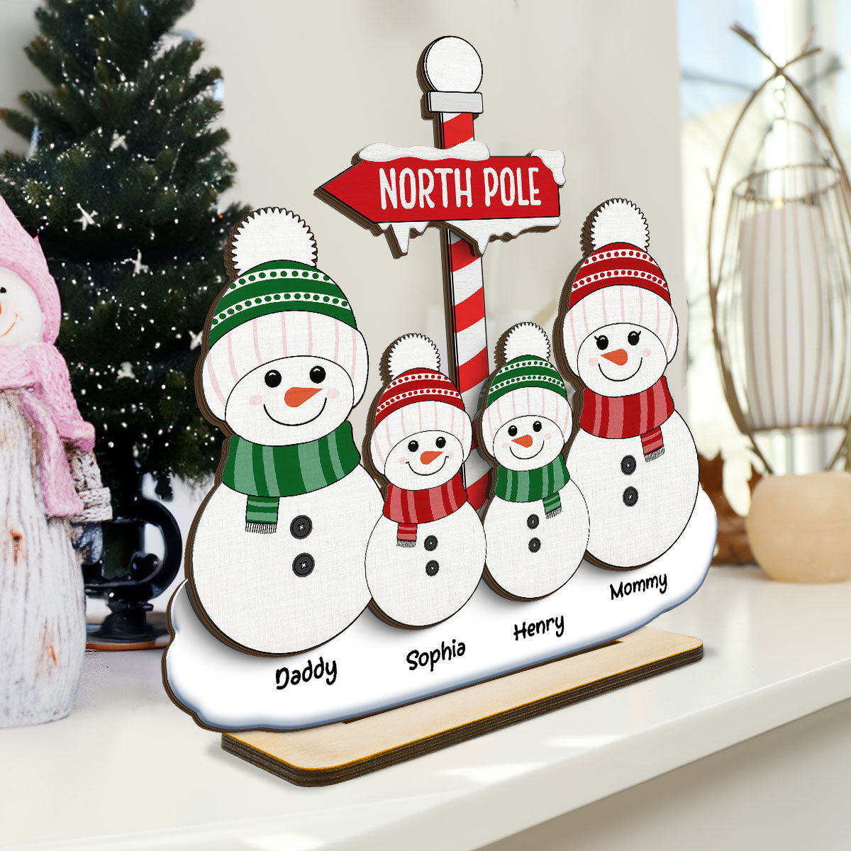 North Pole Snowman Family Christmas Personalized 2-Layer Standing Wooden Plaque