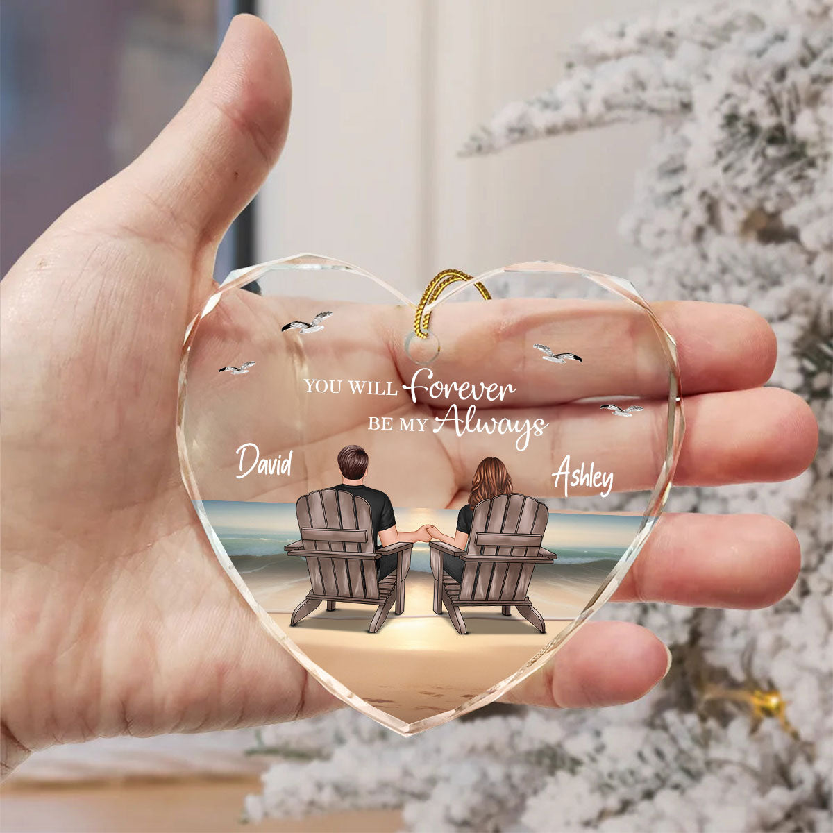 Couple Sitting Eternal Sunset Beach Personalized Heart Glass Ornament, Heartfelt Christmas Gift For Girlfriend, For Wife