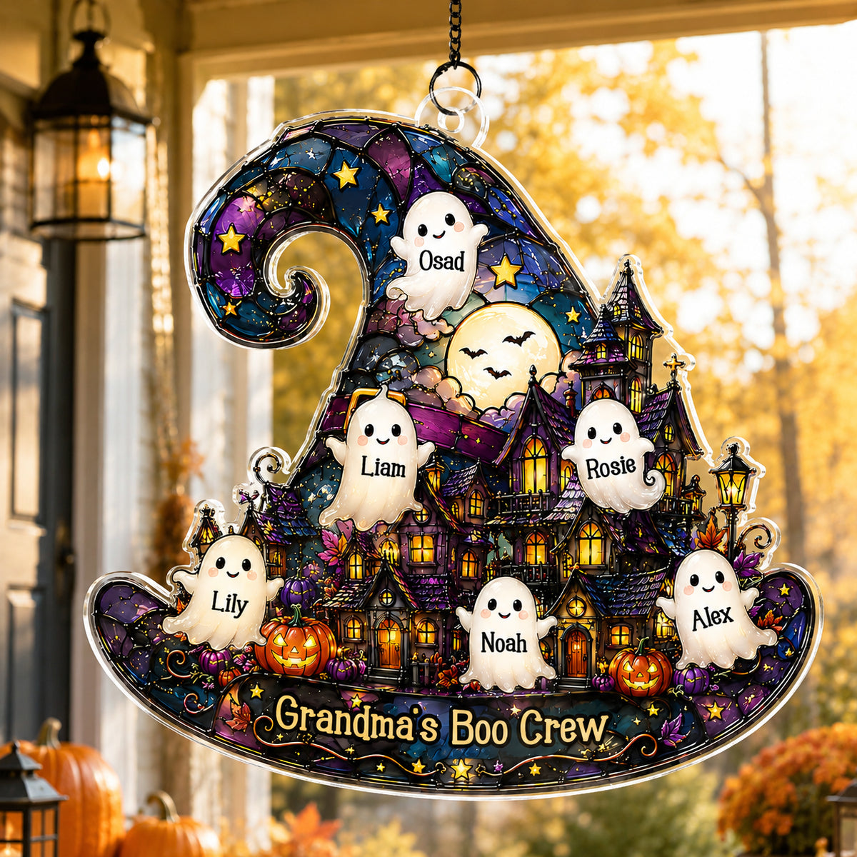 Halloween Village Witch Hat Grandma - Personalized Suncatcher - Halloween Decor Gift, Gift For Grandma