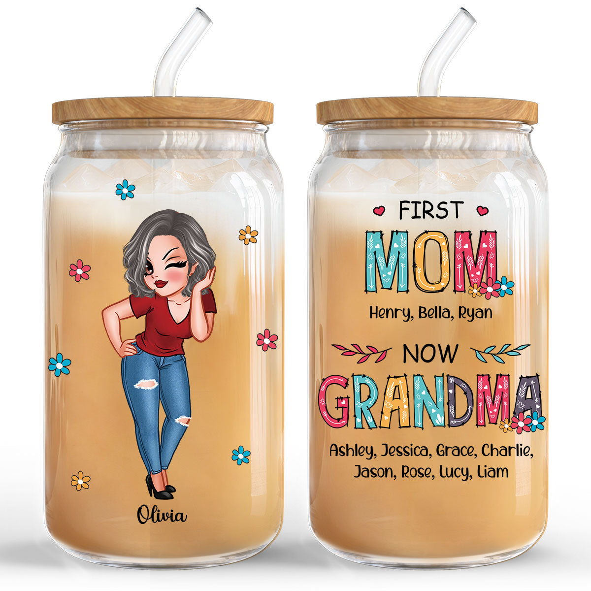 First Mom Now Grandma Personalized Clear Glass Can