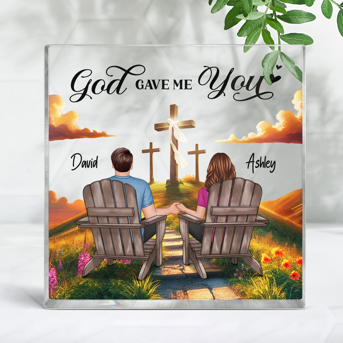 Cross God Knew My Heart Needed You Old Couple Sitting Together Personalized Acrylic Block Plaque, Anniversary  Gift For Him, Her, Husband, Wife