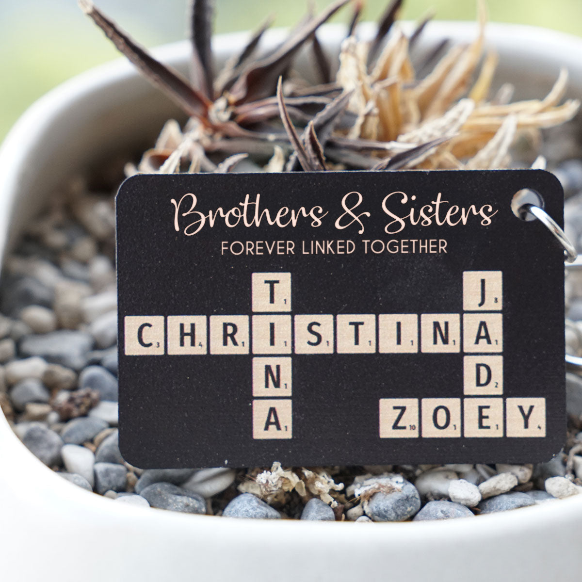 Brothers & Sisters Forever Linked Together Crossword Puzzle Art Personalized Wooden Keychain, Christmas Gift For Brothers, Sisters, Siblings, Family