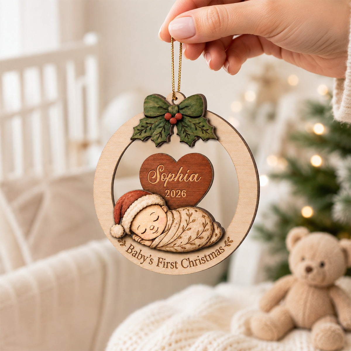 Baby's First Christmas Baby Sleeping - Personalized 2-Layered Wooden Ornament - Baby's 1st Christmas Keepsake