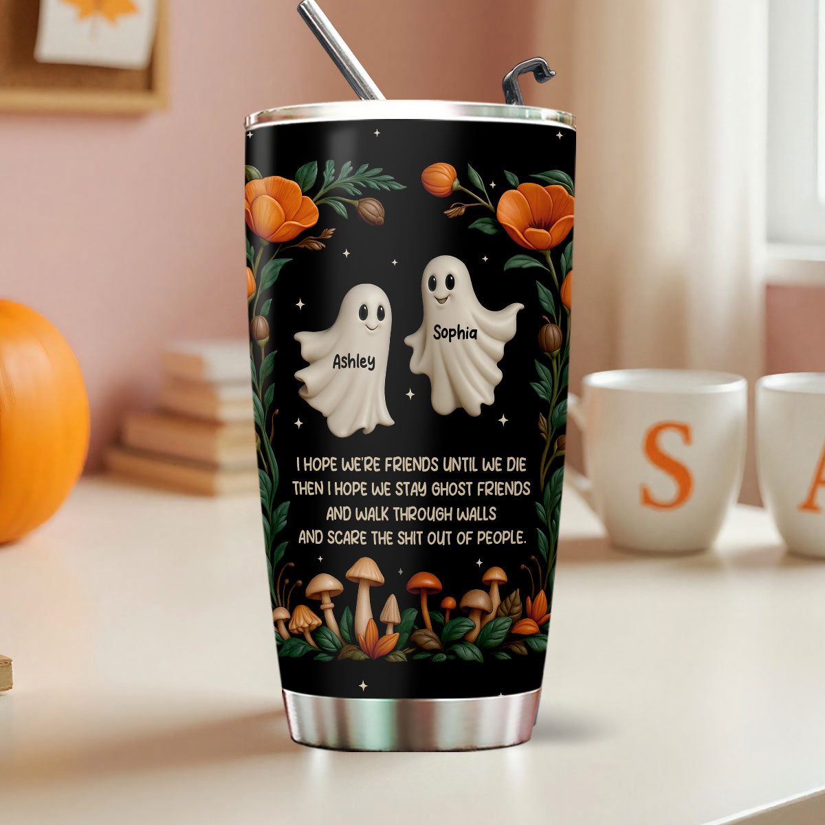 Halloween Best Friends Ghosts 3D Effect Personalized Tumbler, Gift for Besties, Sisters