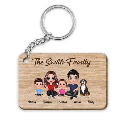 Whole Doll Family Couple Dad Mom Kids Dogs Cats Sitting Personalized Wooden Keychain