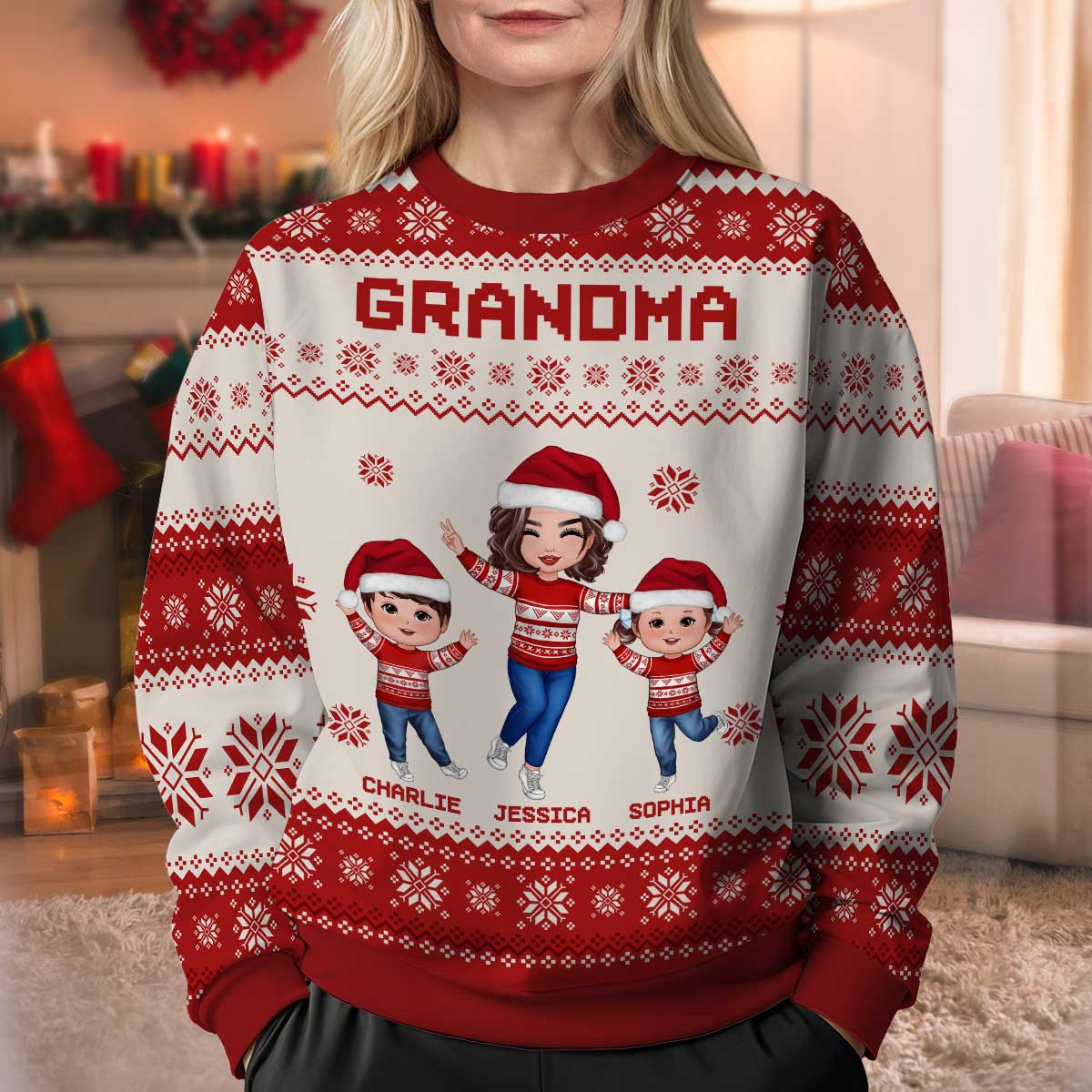 Happy Grandma Grandkids Personalized Faux Knitting Ugly Sweater, Gift For Grandma