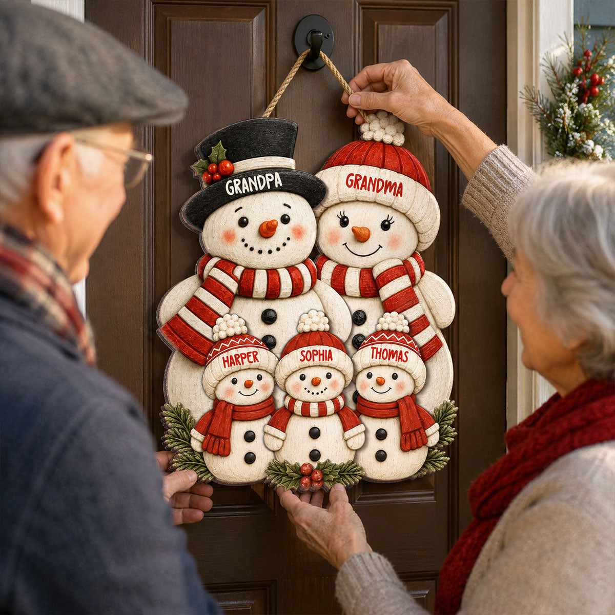 Cute Snowman Grandparents & Grandkids 2D Flat Printed - Personalized Wooden Sign - Christmas Decor For Family, Grandma, Grandpa