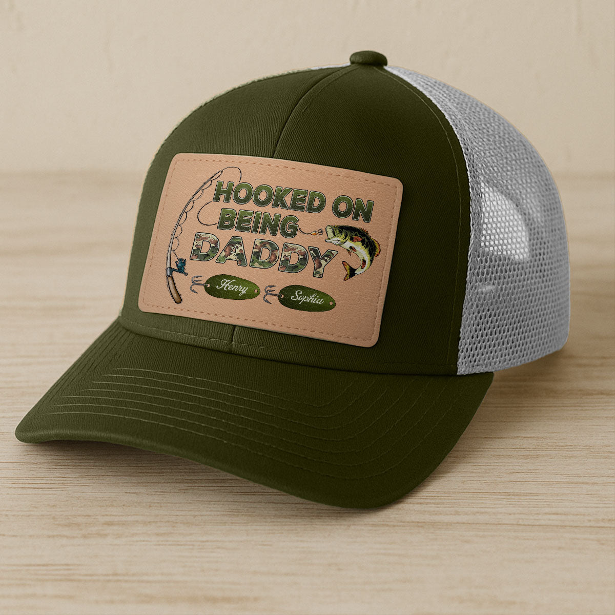 Hooked On Being Grandpa Papa Fishing Camouflage Personalized Leather Patch Hat, Father's Day gift