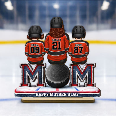 Hockey Mom And Kids Sitting Together - Personalized 2-Layered Wooden Plaque - Mother's Day Gift For Hockey Mom
