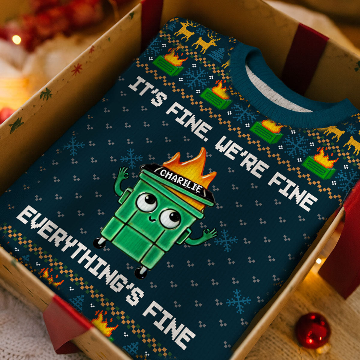 I'm Fine Everything Is Fine Dumpster Fire Funny Office Staff - Personalized Faux Knitting Ugly Sweater - Christmas Costume