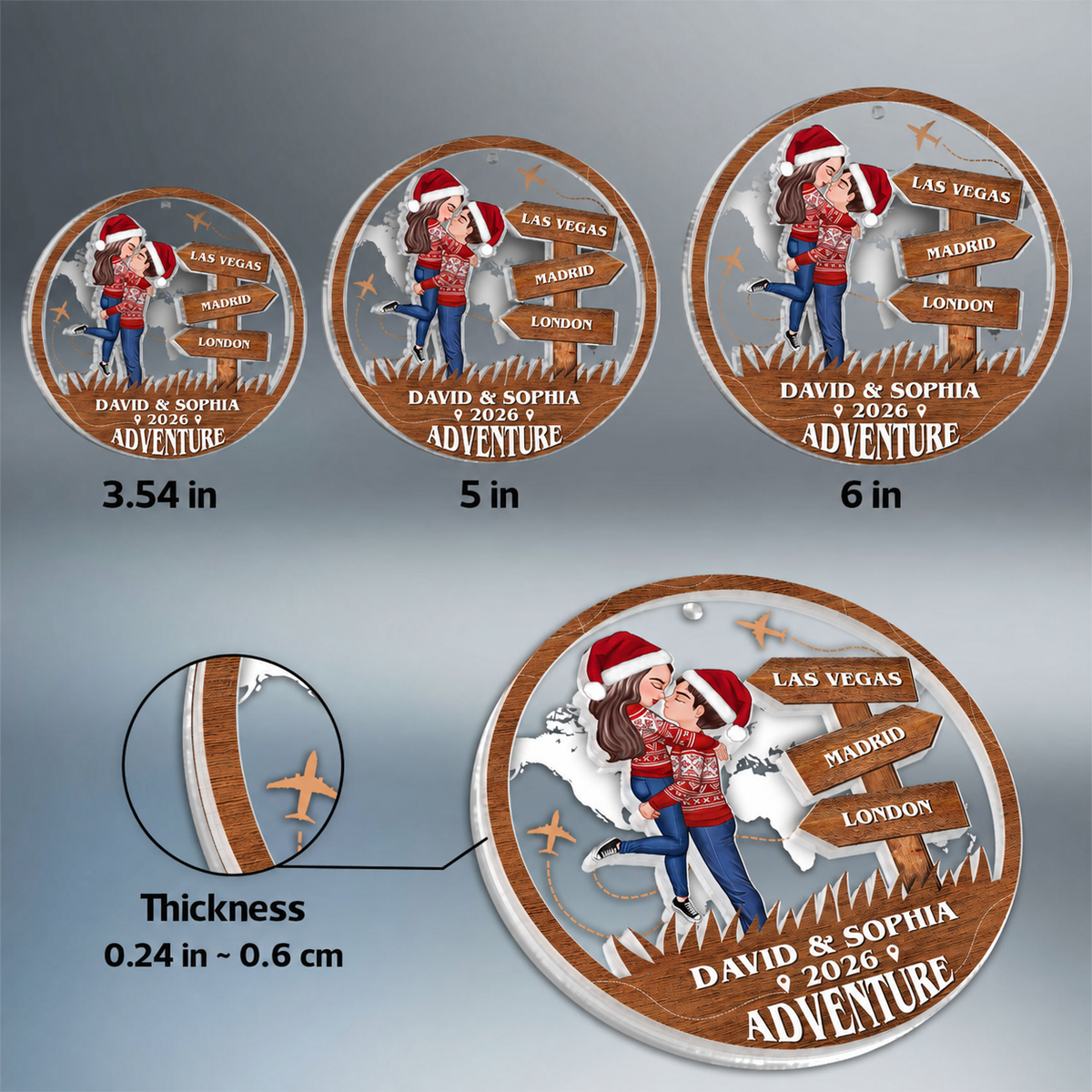 Adventure Kissing Couple Personalized 2-Layer Acrylic Ornament, Christmas Gift For Couple, Gift For Travelers