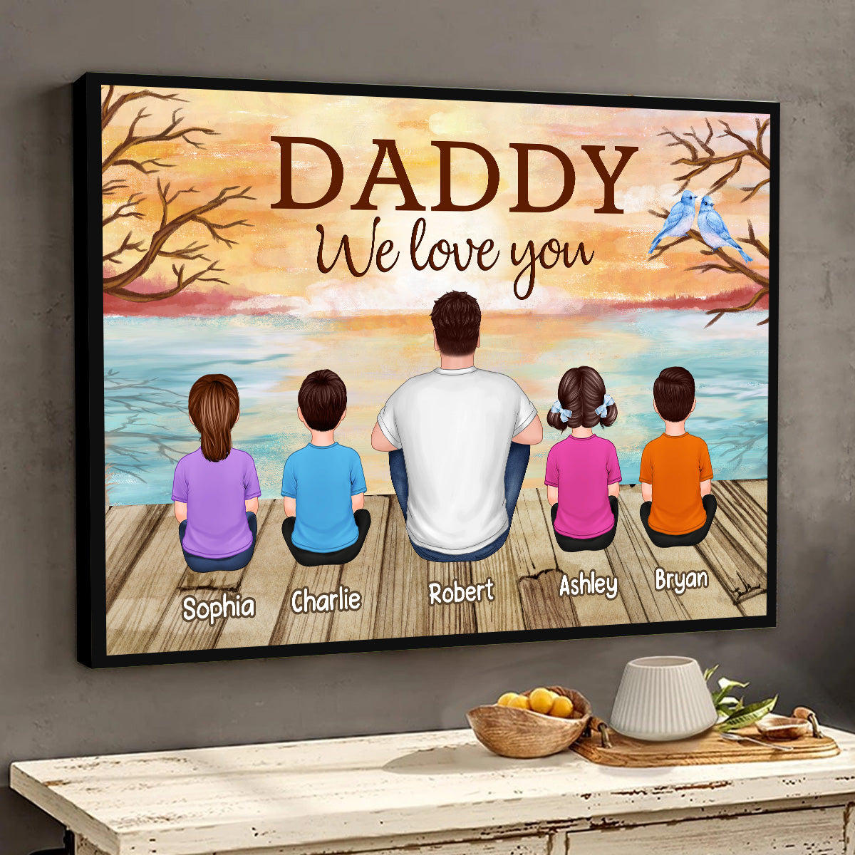 Lake View Dad Grandpa We Love You Back View Dad And Kids Dogs Cats Sitting Personalized Horizontal Poster