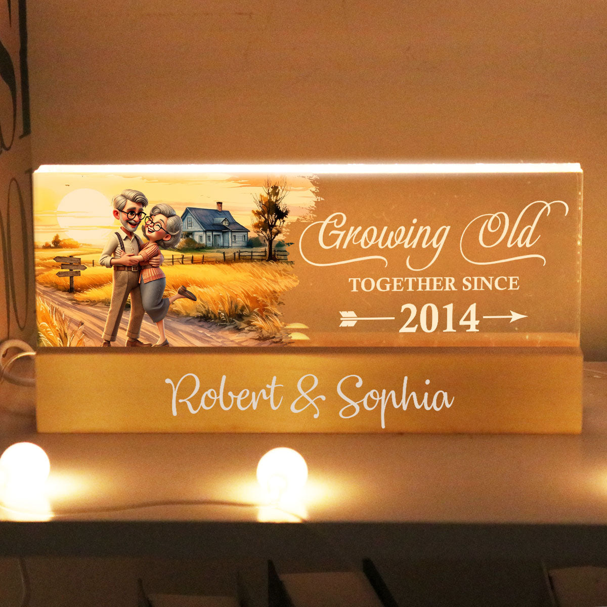 Happy Old Couple Vintage Farmhouse Personalized Acrylic Block LED Night Light, Anniversary  For Him, For Her, Husband, Wife