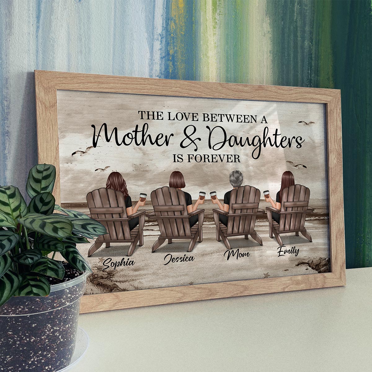Retro Vintage Mom And Daughters Sons Beach Landscape Personalized Horizontal Poster