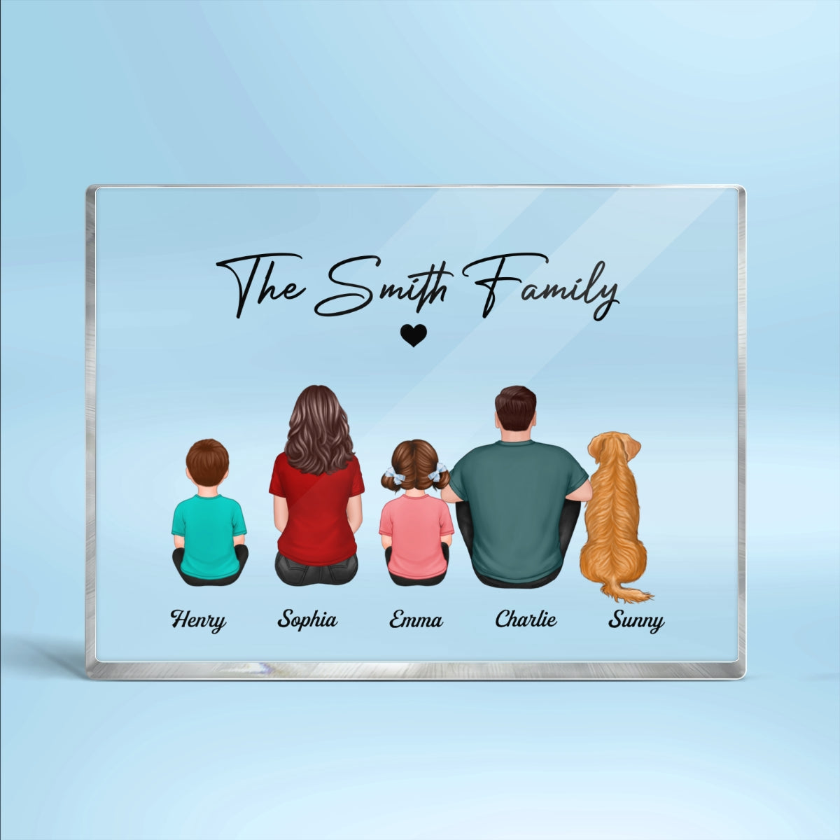 Family Sitting Back View Couple Kids Dogs Cats Personalized Horizontal Rectangle Acrylic Block Plaque