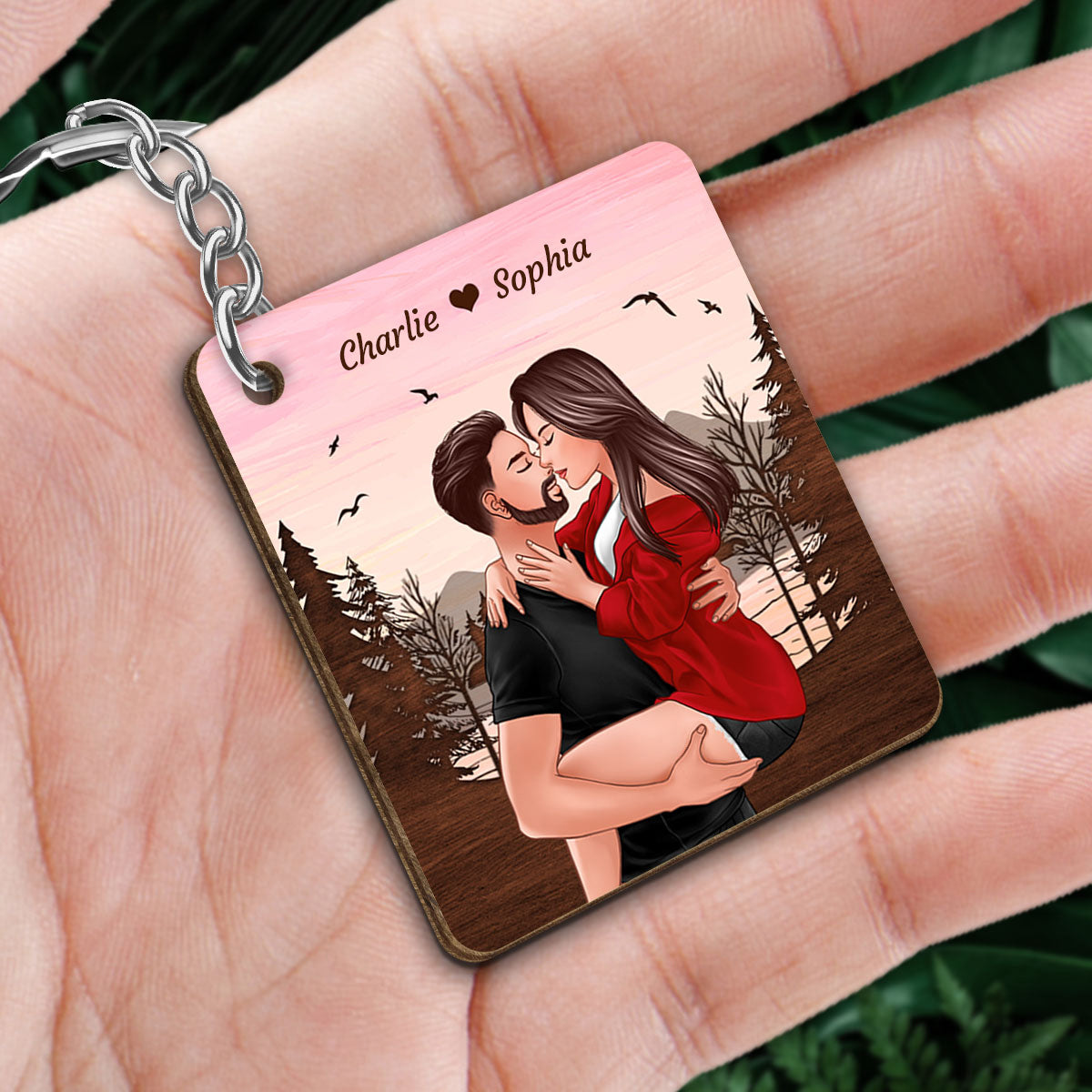 Man Holding Woman Kissing Anniversary Calendar Gift Personalized Wooden Keychain